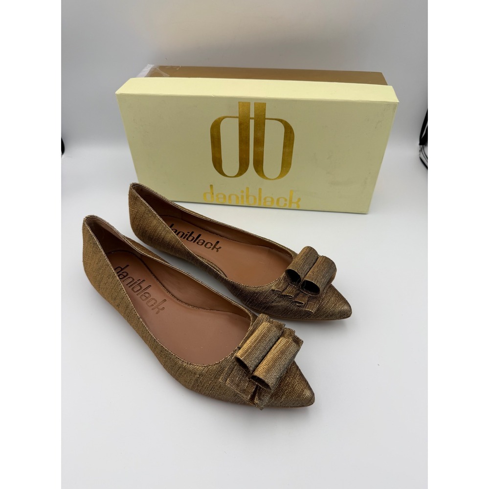 Dani Black Rose Antique Gold Ribbed Lamé Bow Flats 7.5 Pointed Toe - slight peel